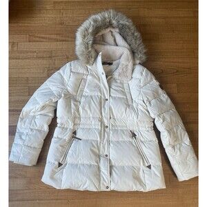 Lauren Ralph Lauren Cream Down Long Winter Coat Hood Fur Quilted Puffer XL Read
